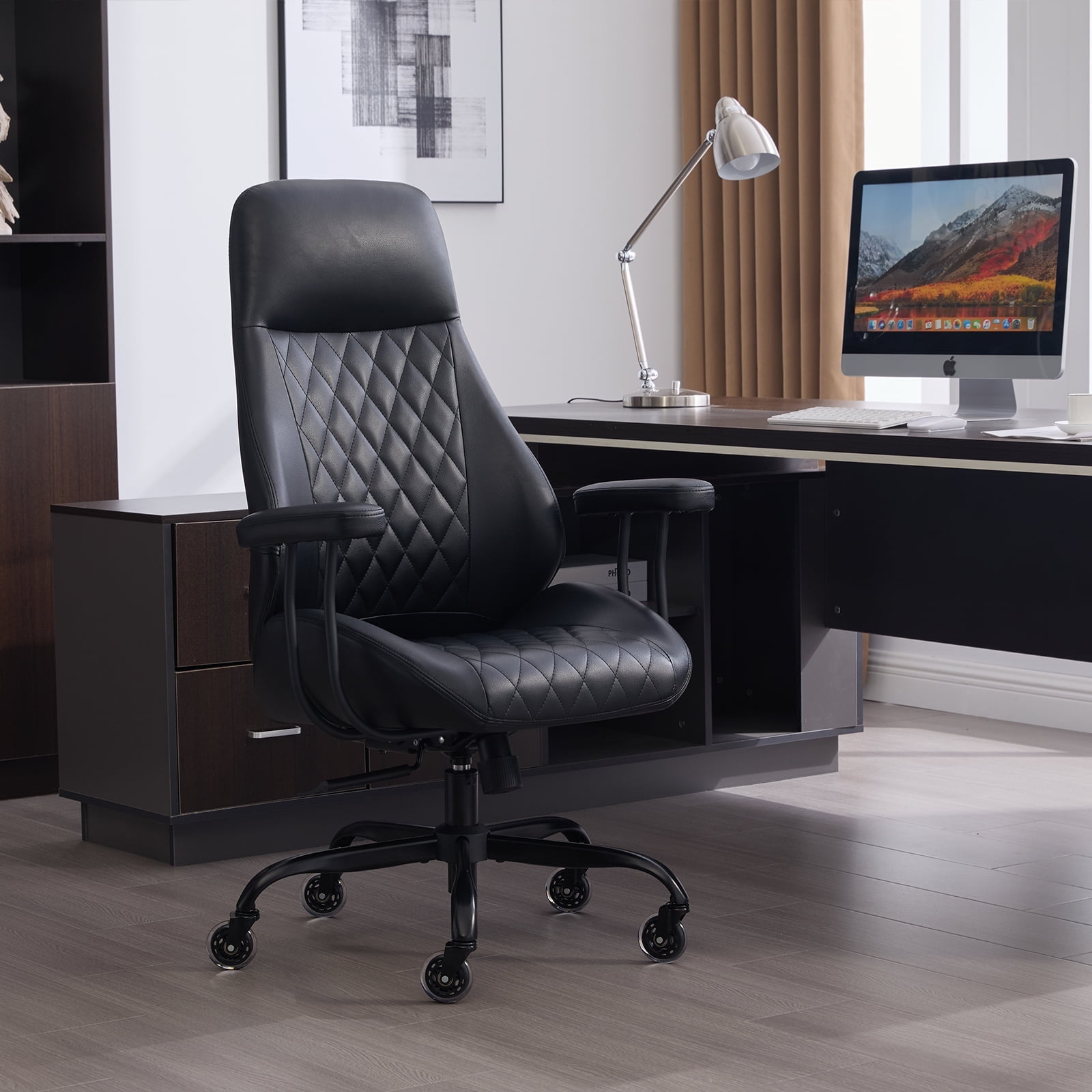 E-Motie Home Office Desk Chair, Ergonomic High Back Leather Computer Chair with Lumbar Support, Adjustable Height & Recline, Swivel Executive Office Chair with Armrests and Rubber Casters, Black