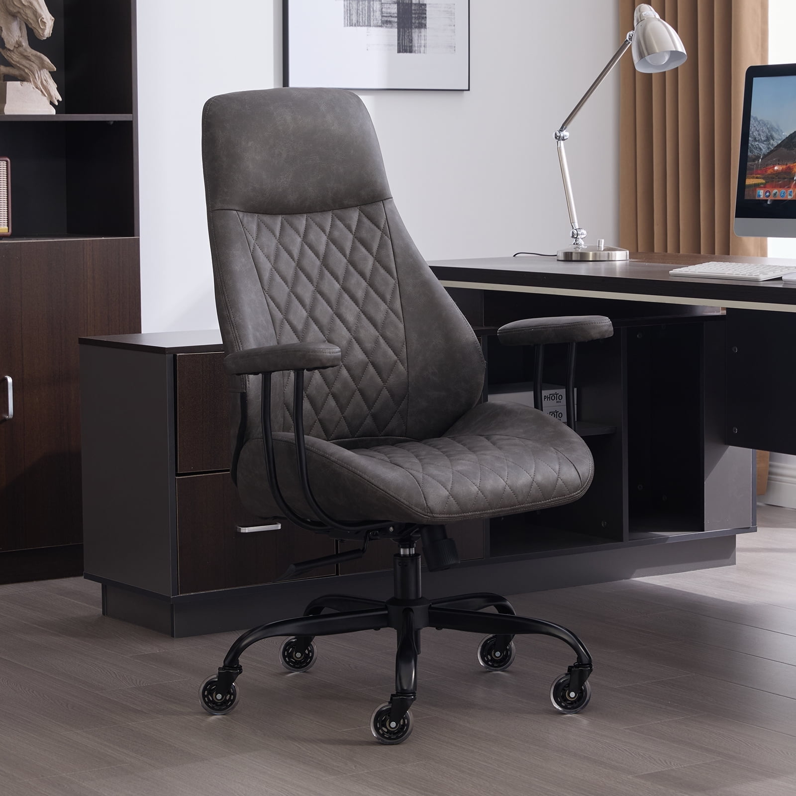 E-Motie Home Office Desk Chair, Ergonomic High Back Leather Computer Chair with Lumbar Support, Adjustable Height & Recline, Swivel Executive Office Chair with Armrests and Rubber Casters, Dark Gray