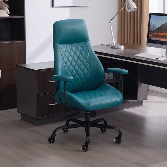 E-Motie Home Office Desk Chair, Ergonomic High Back Leather Computer Chair with Lumbar Support, Adjustable Height & Recline, Swivel Executive Office Chair with Armrests and Rubber Casters, Green