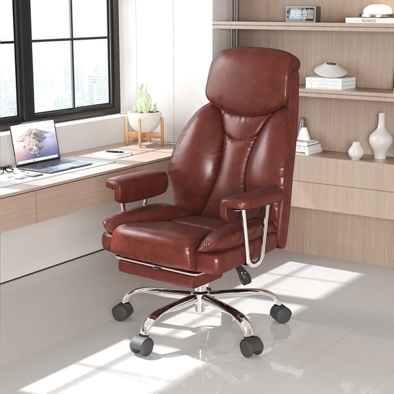 E-Motie Leather Home Office Chair, High Back Ergonomic Chair with Footrest, 500lb, Brown
