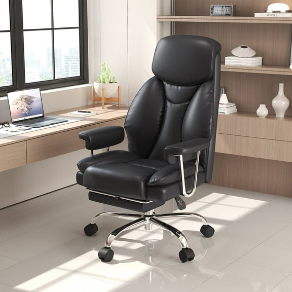 E-Motie Leather Home Office Chair, High Back Ergonomic Chair with Footrest, 500lb, Black