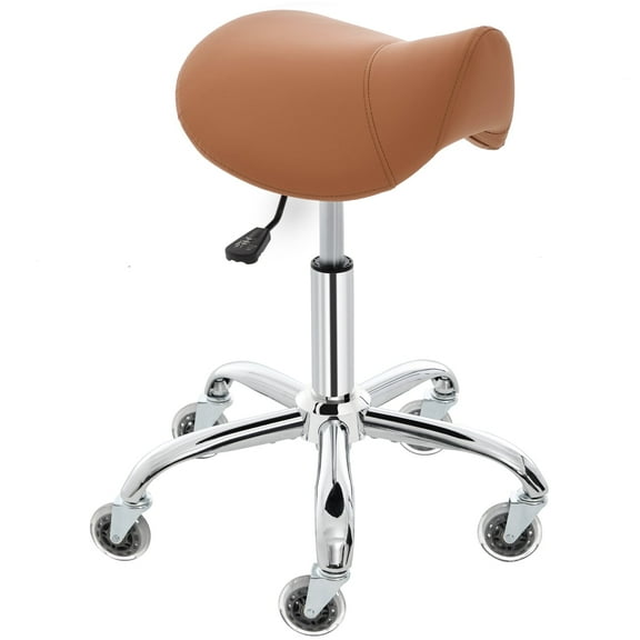 E-Motie Saddle Stool Rolling Chair for Medical Massage Salon Kitchen Spa Drafting, Adjustable Hydraulic Stool with Wheels, Brown