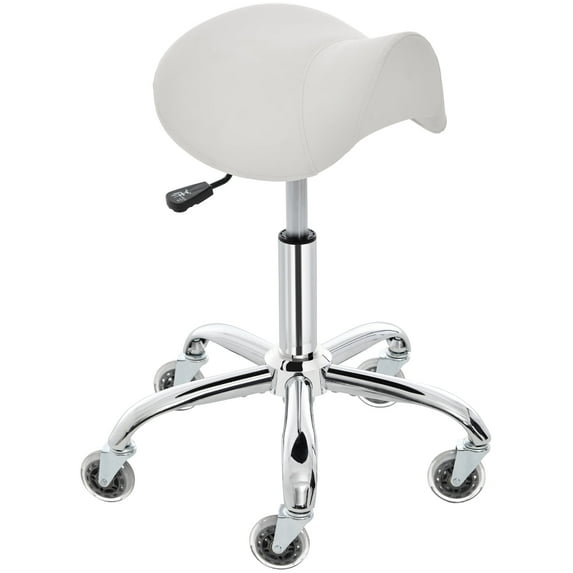 E-Motie Saddle Stool Rolling Chair for Medical Massage Salon Kitchen Spa Drafting, Adjustable Hydraulic Stool with Wheels, White