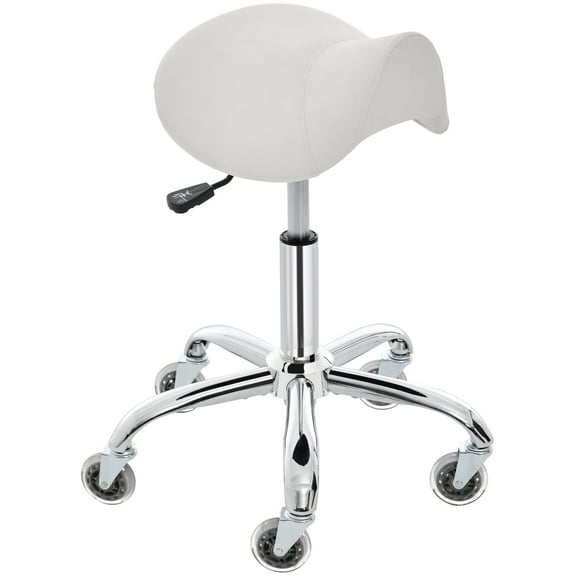 E-Motie Saddle Stool Rolling Chair for Medical Massage Salon Kitchen Spa Drafting, Adjustable Hydraulic Stool with Wheels, White