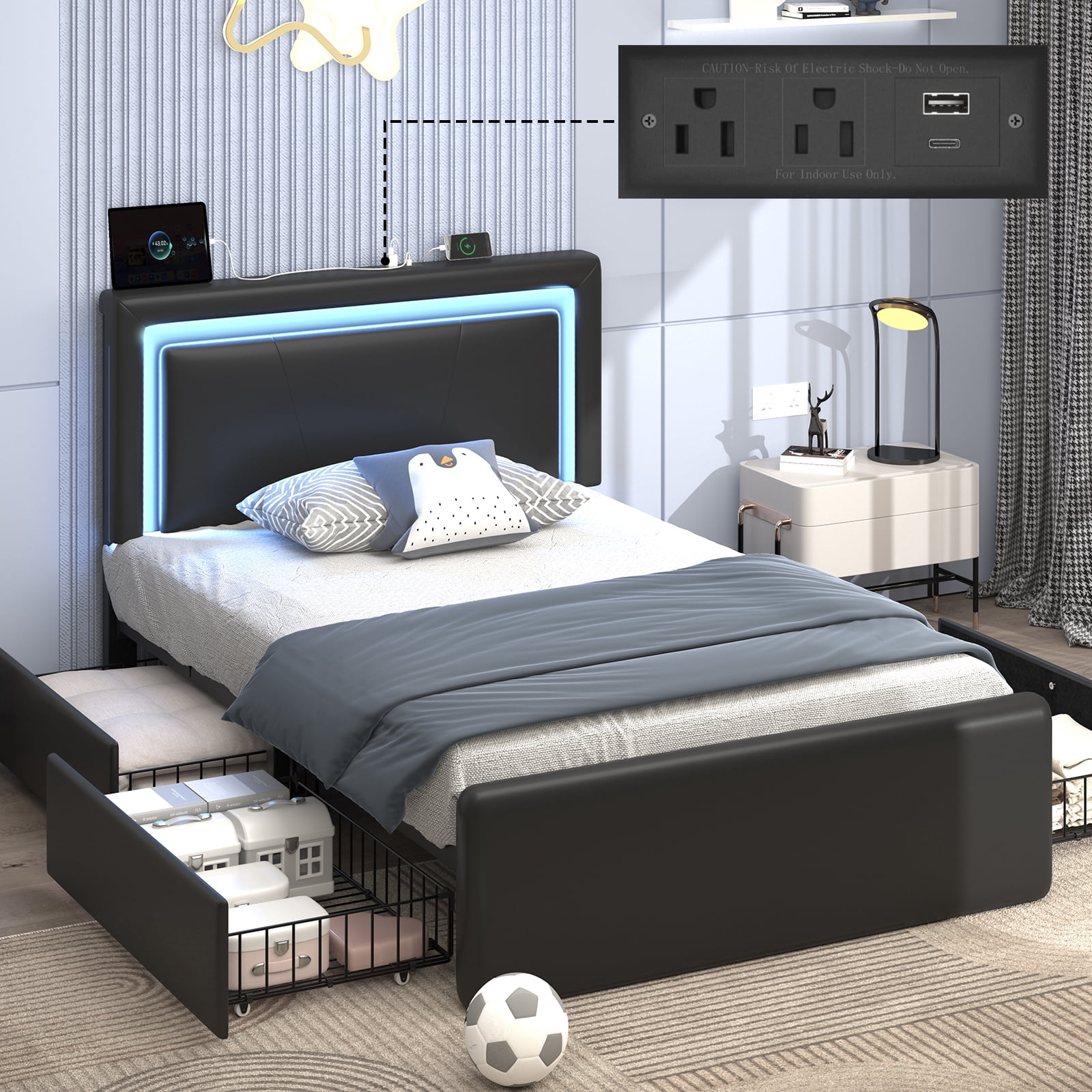 E-Motie Twin Bed Frame with Storage Drawers and LED Lights - Walmart.com