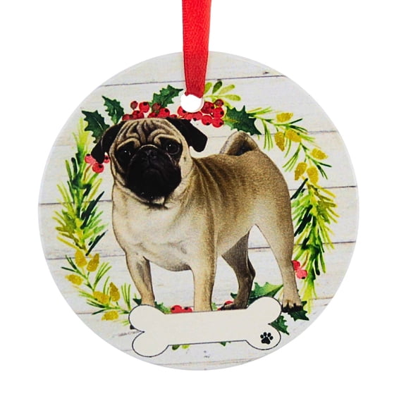 E & S Imports 3.50In Ceramic Pug Ornament, Ceramic, Dog Puppy Ribbon Cherish Pet 55031Fb
