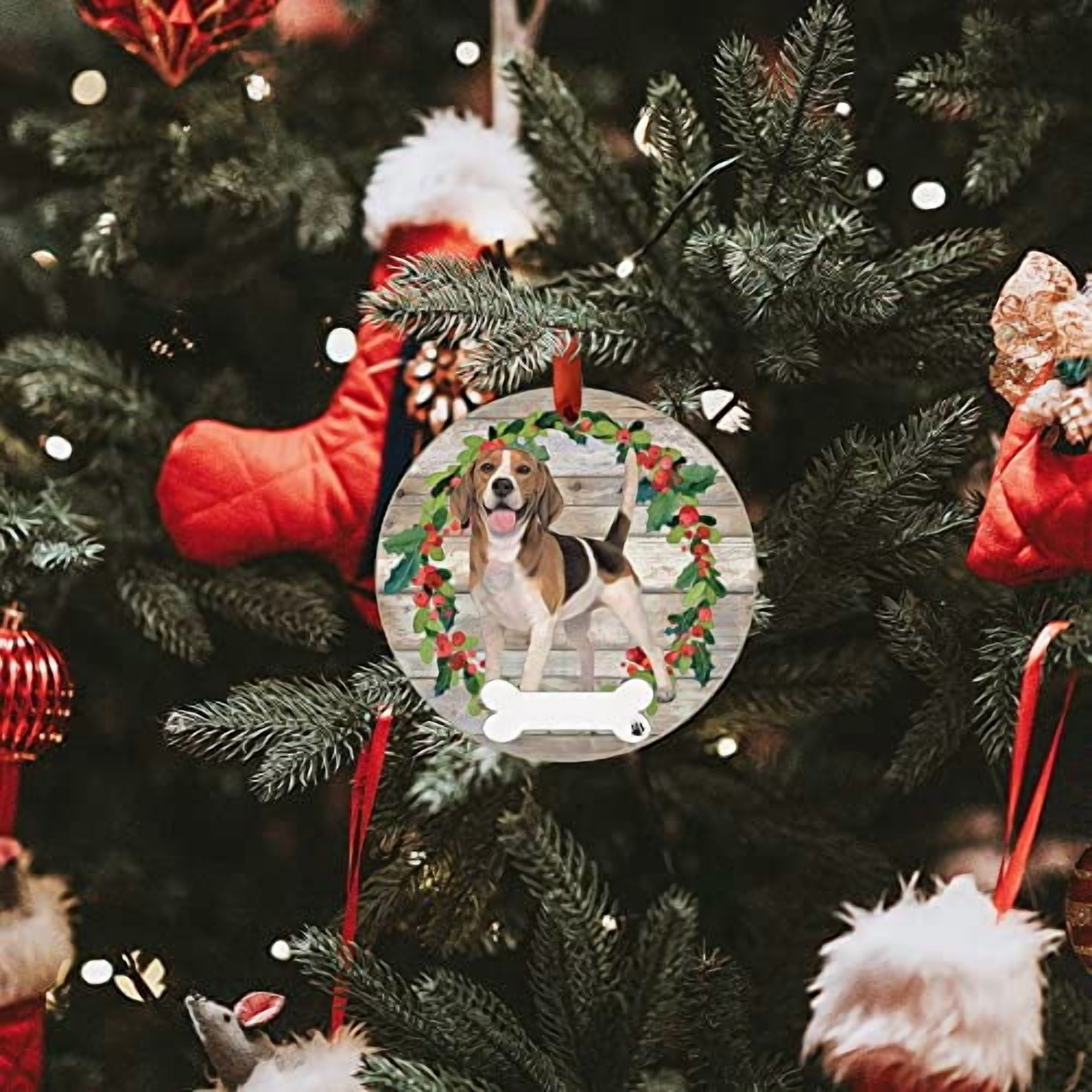 E&S Imports Beagle Ornament - E&S Pets DIY Personalizable Dog Gifts Ceramic Round with Glazed Finish X-mas Decoration Christmas Ornaments Craft for Pet Lovers