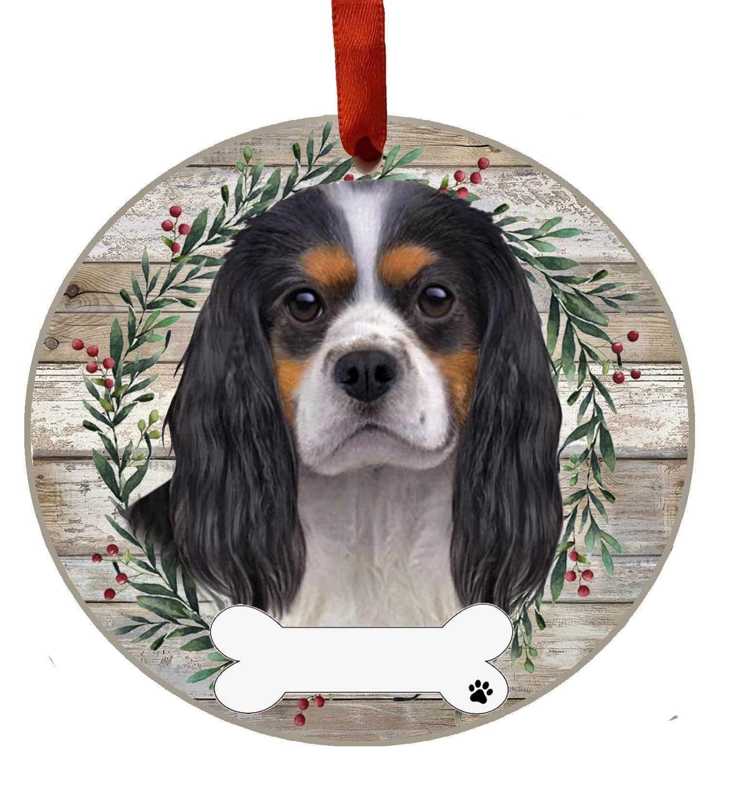 King Charles Tricolor Ceramic Christmas Ornament with Red Ribbon