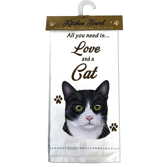 E&S Pets 701-3 Black and White Cat Kitchen Towel, Off-white