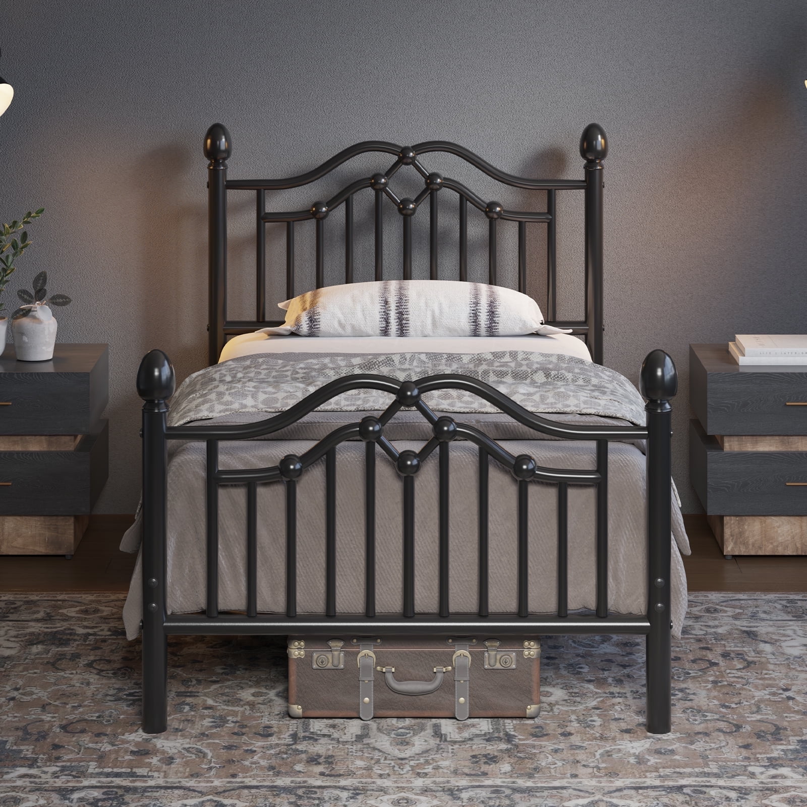 E-Ser Twin Size Metal Platform Bed Frame,Modern Headboard And Footboard,Adequate Under Bed Storage,No Box Spring Needed,Black