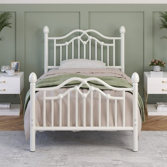 E-Ser Twin Size Metal Platform Bed Frame,Modern Headboard And Footboard,Adequate Under Bed Storage,No Box Spring Needed,White