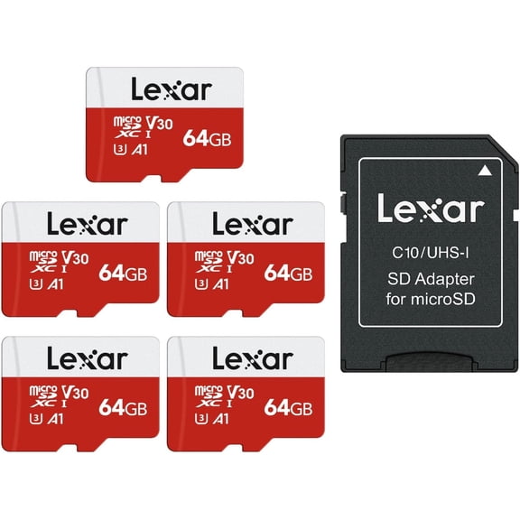 E-Series 64GB Micro SD Card 5 Pack, microSDXC UHS-I Flash Memory Card with Adapter, 100MB/s, C10, U3, A1, V30, Full HD, 4K UHD, High Speed TF Card