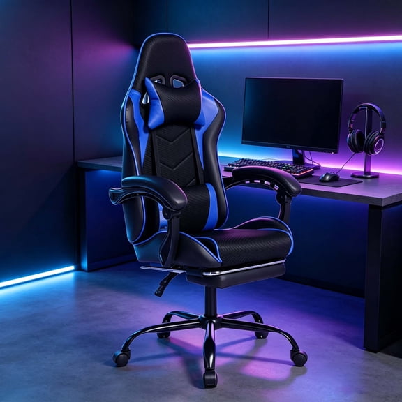 E-Sports Gaming Chair Sports Car Driving Seat with Massage, PU Leather Ergonomic Reclining Computer Chair with Footrest, 360° Swivel Desk Chair for Office Bedroom, Black Blue