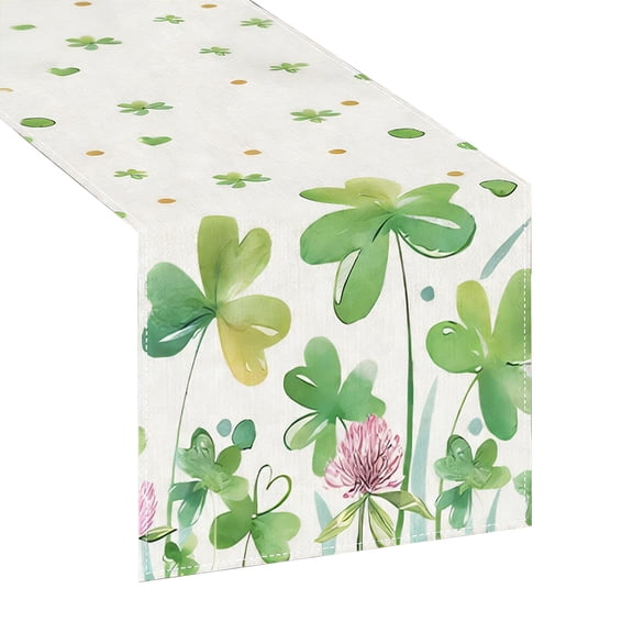 E St. Patrick'S Day Clover Print Table Runner 183X33Cm, Polyester Fabric Decorative Tablecloth For Dining Tv Sideboard, Bohemian Style Openwork Design With Tassel Lace