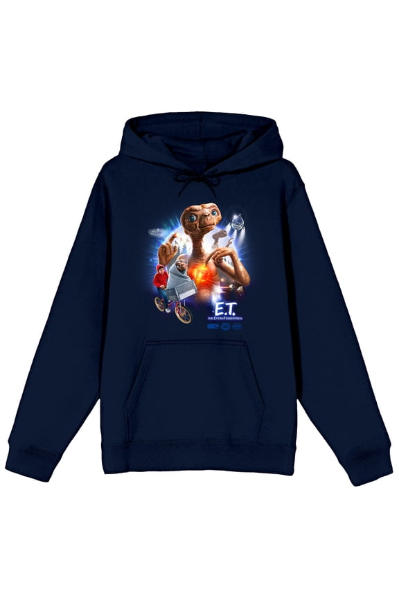 E.T. Elliot & E.T. Character Art Adult Navy Long Sleeve Hooded Sweatshirt-XXL