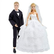 E-TING Beautiful Gown Bride Wedding Dress with Veil and Groom Business Suit Set for 11.5″ Girl Doll and 12″ Boy Doll