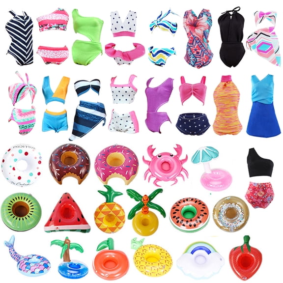 E-TING Fashionistas 11PCS Doll Clothing Pack, 3 Sets 11.5" Girl Dolls Swimsuits with 5 Pairs Shoes and 3-Pieces Cute Swimming Pool Float Raft Lilo Lifebuoy Random Style