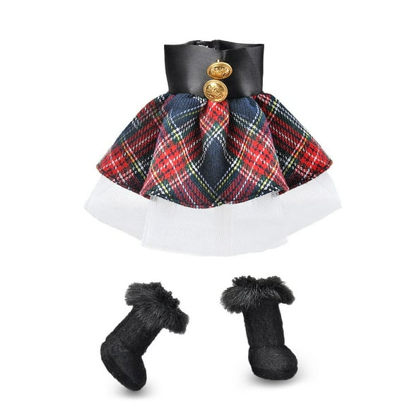 E-TING Red-Blue Plaid Dress with Boots for elf Doll