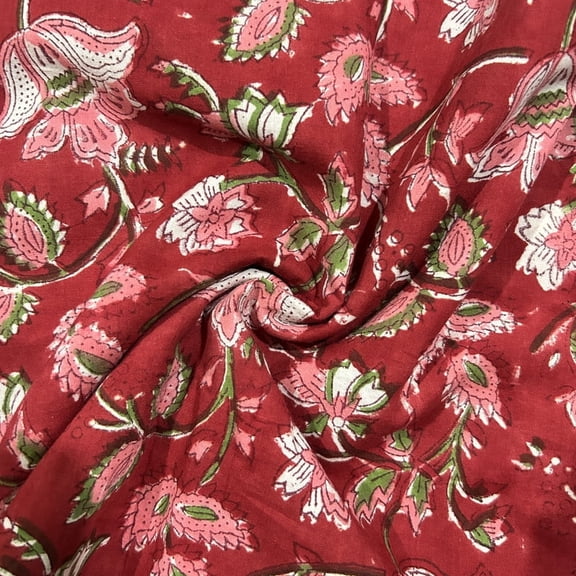 E-Tailor® Hand Block Printed Cotton Fabric by the Yard – 100% Pure Indian Cotton Floral Print Sewing Material for Quilting, Dressmaking, Apparel, DIY Crafts & Home Decor-1 Yard-Floral-Red