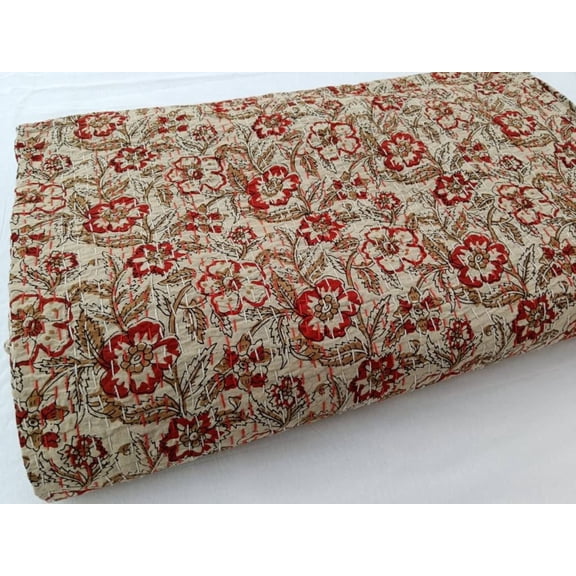 A And E Textiles House Amanda Kantha Quilt Handblock Print floral Bliss Design Kantha Indian Netural Colour Indian inspired Bedding Hand Stitched Rural Bedspread