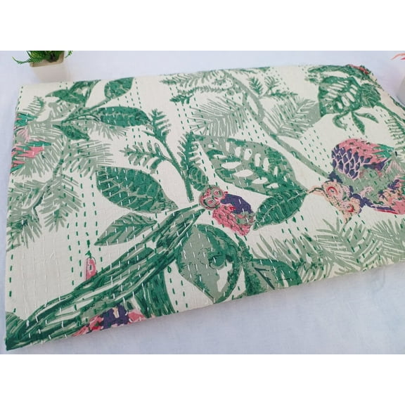 A And E Textiles House Beautiful Floral Handmade Kantha Quilt Unique Design Handmade Kantha Quilted Bedding Bedspread Handblock Print Throw Blanket Well-Looking