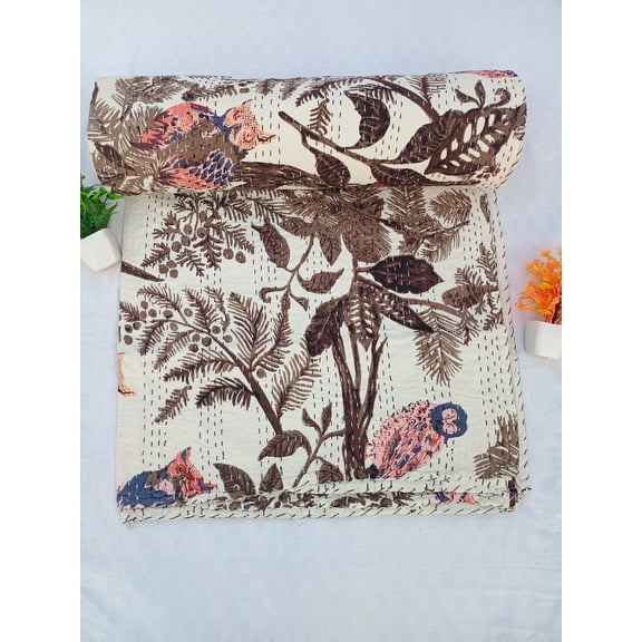 A And E Textiles House Beautiful Floral Handmade Kantha Quilt Unique Design Handmade Kantha Quilted Bedding Bedspread Handblock Print Throw Blanket Well-Looking