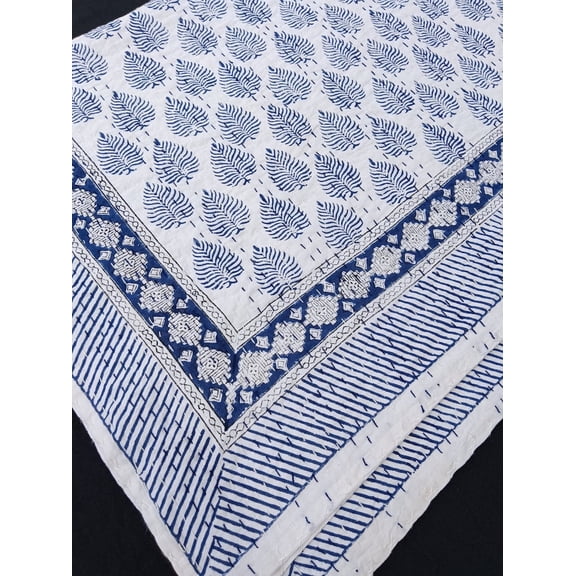 A And E Textiles House Blue Leaf Indian HandBlock Print Bedding Bedspread Full size Queen Quilt Hand Stitched Kantha Quilt Blue Leaf kantha Quilt light weight Full