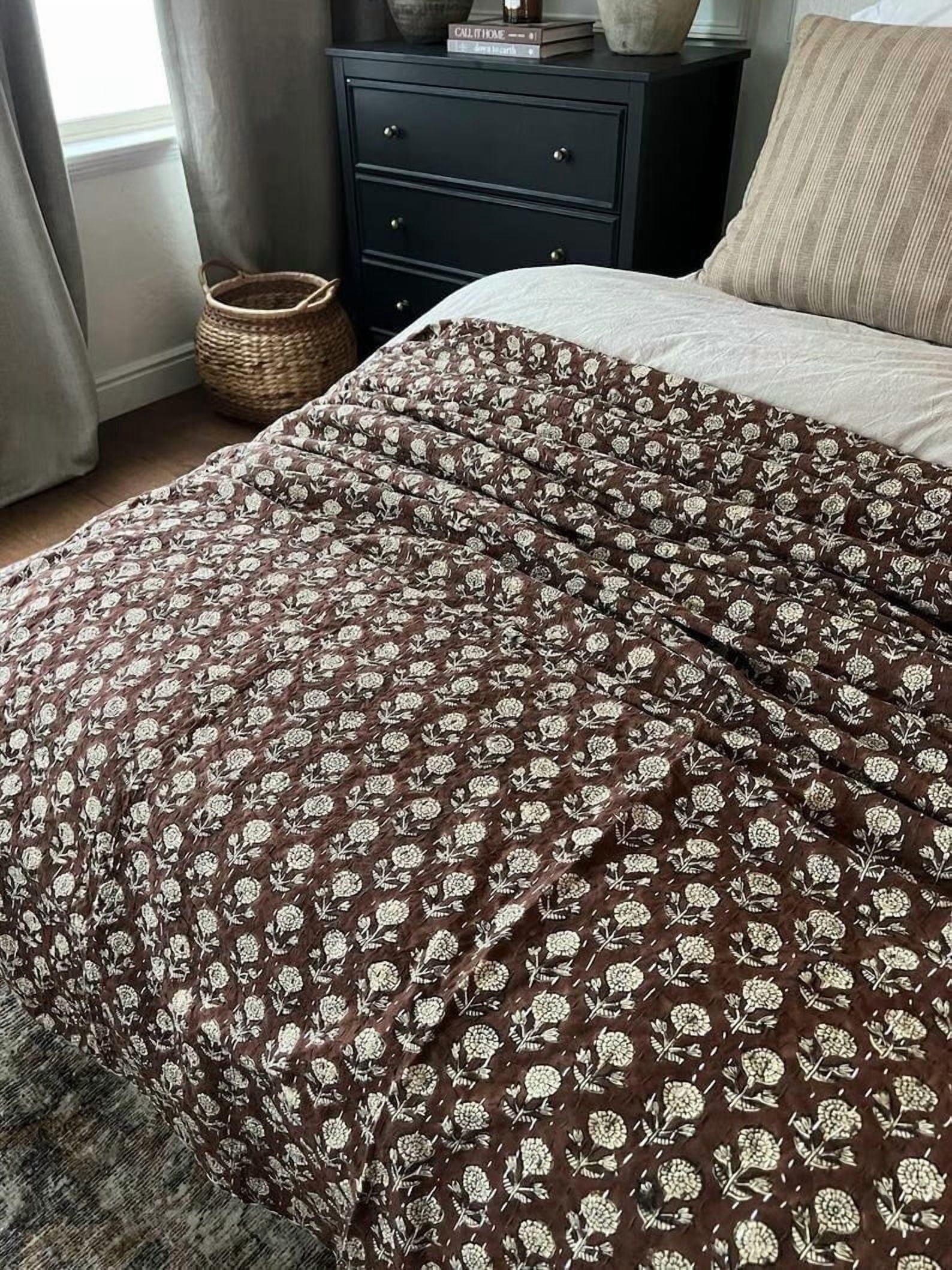 A and E Textiles House Brown HandBlock Print Kantha Quilt - Handmade