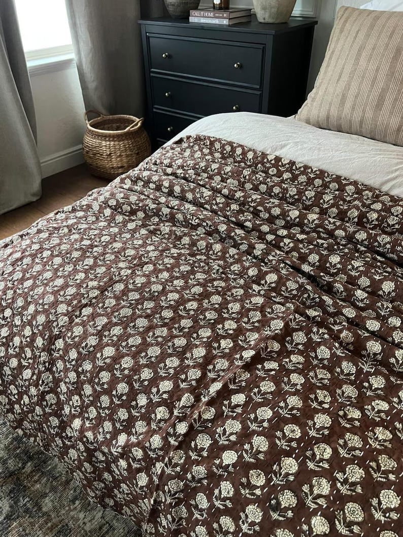 A And E Textiles House Brown Kantha Quilt Handmade Kantha Quilt - Indian Block Print Bedding Cozy Throw Blanket Ideal for Mother’s Day Gift or Bedroom Makeover - Walmart.com