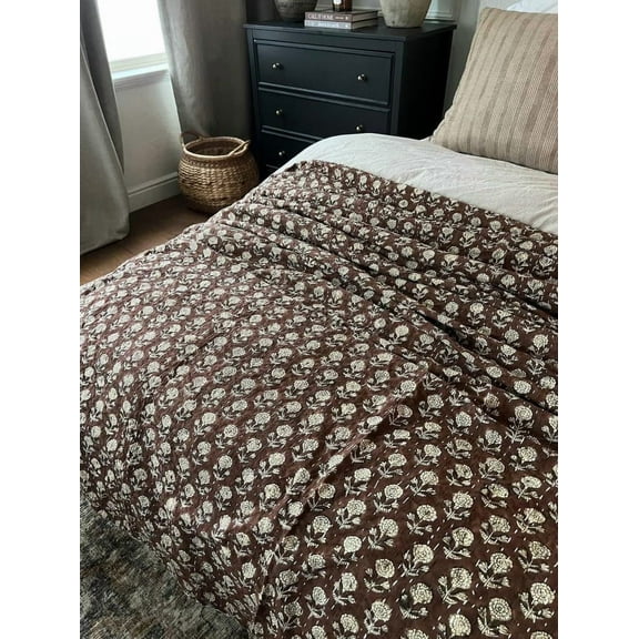 A and E Textiles House Brown Indian Block Print Kantha Quilt - Handmade - Cozy, Double/Queen Size - 108 X 90 Inch
