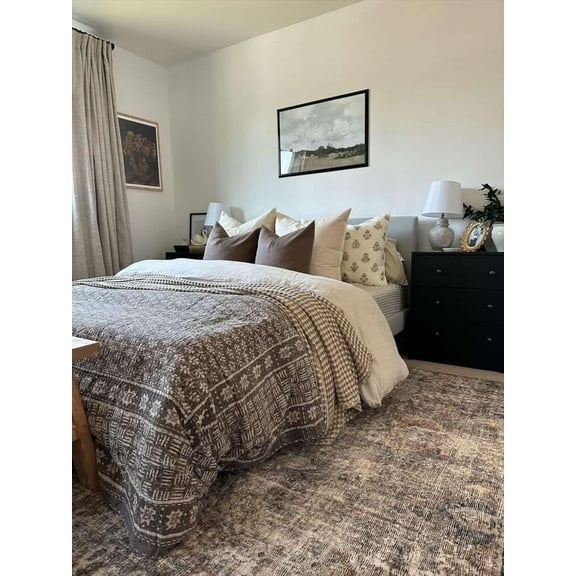 Earthen Floral Kantha Quilt – Elisa Handblock Print Reversible Cotton Bedspread by A and E Textiles House, Hand Stitched, King Size 108x108, Vegetable Dyed