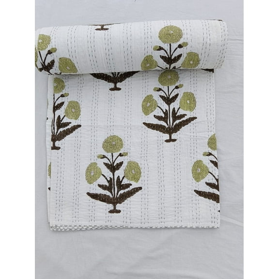 A And E Textiles House Floral Quilt from india kantha quilt queen yellow Leaf kantha quilt bedspread queen size quilt Indian kantha throw Kantha Block Printed