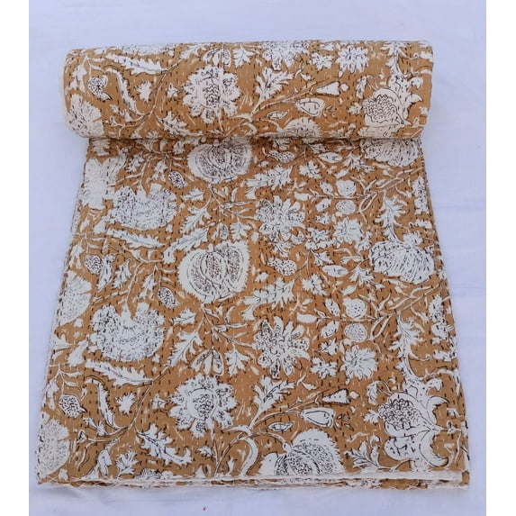 A and E Textiles Tan Block Printed Floral Kantha Quilt