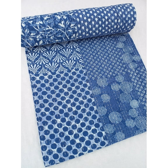 A And E Textiles House Indian Blue Floral Kantha Bedding Hand Block Royal Print Kantha Throw Queen Quilt Cotton Light Weight Blanket Bedspread Indigo print Quilt
