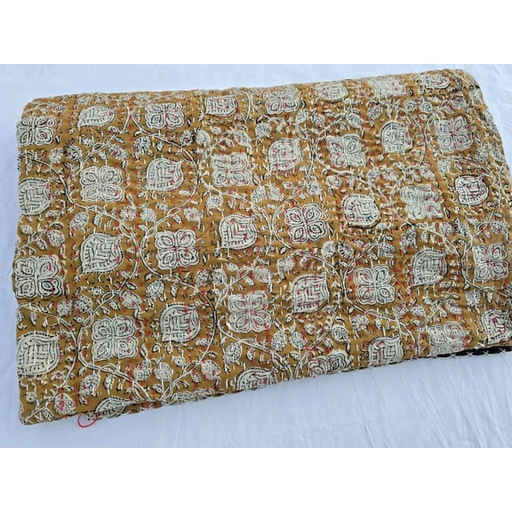 A And E Textiles House Indian Floral Kantha Bedding Hand Block Print Kantha Throw Queen Quilt Cotton Light Weight Quilt Summer Winter Blanket Bedspread kantha