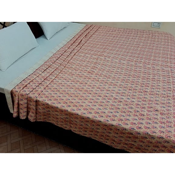A And E Textiles House Kantha Bedcover Bedding Quilt Hand Block Floral Design Handblock Floral Print Kantha Throw Quilt Light Weight Block Print Quilted