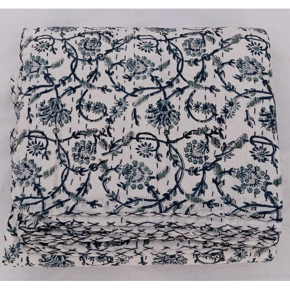 A And E Textiles House Kantha Quilt Handblock Print floral Kantha Indian Netural Colour Indian inspired Bedding Hand Stitched Rural Quilted bedding bedspread