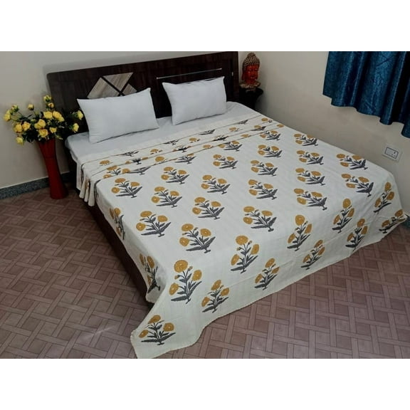 A And E Textiles House Premium Ashlyn Kantha Quilt Hand Block floral Kantha Amanda Designed Natural Color Indian inspired Boho Bedding Hand Stitched Rural Quilted