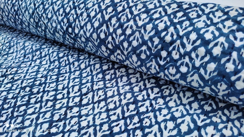 A And E Textiles House Premium Blue Floral Kantha Quilt, Hand Block Print Floral Indian Queen kantha Quilt, Bedspreads Queen Blue Quilt King, Housewarming Gift