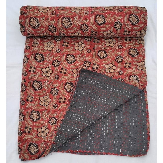 A And E Textiles House Premium Red Floral Hand block Print Kantha Quilt Indian Natural Color inspired Bedding Hand Stitched Rural Quilted Boho bedding Kantha Throw