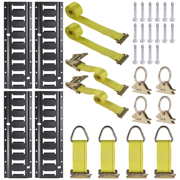E Track Rail Tie-Down Kit, 14 PCS 16" E-Tracks Set Includes 4 Steel Rails & 4 O Rings & 4 Tie-Offs with D-Ring & 2 10ft E-Track Ratchet Straps, Securing Accessories for Cargo, Motorcycles, and Bikes