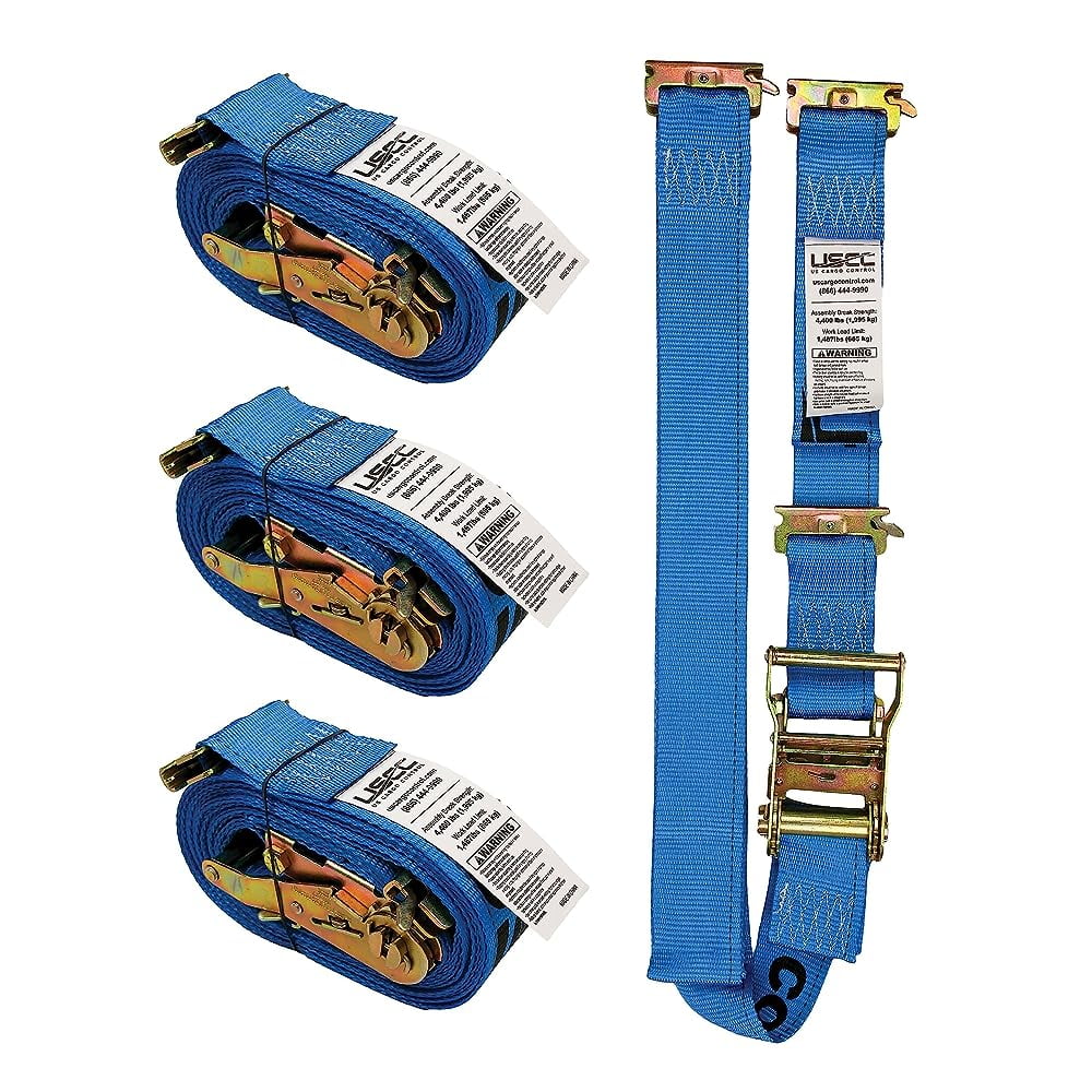 E Track Ratchet Straps (4 Pack), 2 Inch X 20 Foot Duty Blue ETrack Straps With 3 Spring E