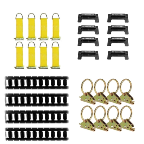 """E-Track Tie-Down KIT! 4 Powder-Coated 4' Horizontal E Track Rails, 8 End Caps, 8 Rope Tie-Offs, 8 O Rings | Trailer Accessories, Cargo Securement"""