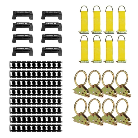 "E-Track Tie-Down KIT! 8 Powder-Coated 5' Horizontal E Track Rails, 8 End Caps, 8 Rope Tie-Offs, 8 O Rings | Trailer Accessories, Cargo Securement"