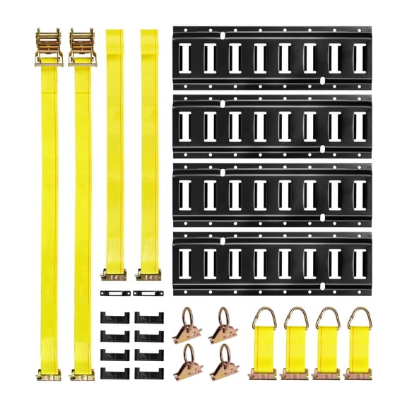 E-Track Tie Down Kit 4 Pack - 1.3ft Rails, 21 Pcs - Ratchet Straps, O-Rings, D-Rings - Garage, Van, Trailer Securement