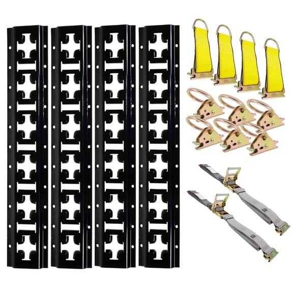 E-Track Tie-Down Rail Kit:- 16 Pcs Includes 4 Horizontal & Vertical 5' Rails, 6 Tie Down D-Ring, 4 Rope Tie Off, 2 Ratchet Straps 2" x 16'