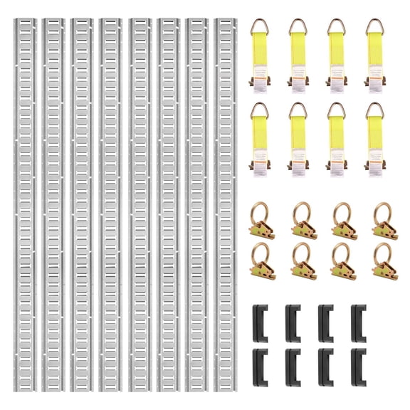 E Track Tie-Down Rail Kit, "34PCS 5FT E-Track Kit 8 Steel Rails, 2 Single Slots, 8 O-Rings, 8 Tie-Offs w/D-Rings & 8 End Caps Heavy-Duty Cargo Securing System for Trucks, Motorcycles & Bikes"