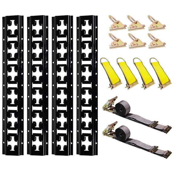 E Track Tie-Down Rail Kit  4Pk 8' X-Track Tie Down Rails Black Powder Coated Steel, 6Pk D-Ring Anchors, 4Pk 6" Yellow Rope Tie-Offs, 2Pk 2"x16' Grey Ratchet Straps w/Spring Fittings
