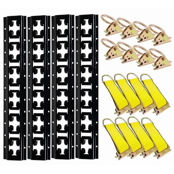 E Track Tie-Down Rail Kit  4Pk 8' X-Track Tie Down Rails Black Powder Coated Steel, 8Pk Steel D-Ring Anchors, 8Pk 6" Yellow Rope Tie-Offs w/Spring Fittings 1000 lbs WLL