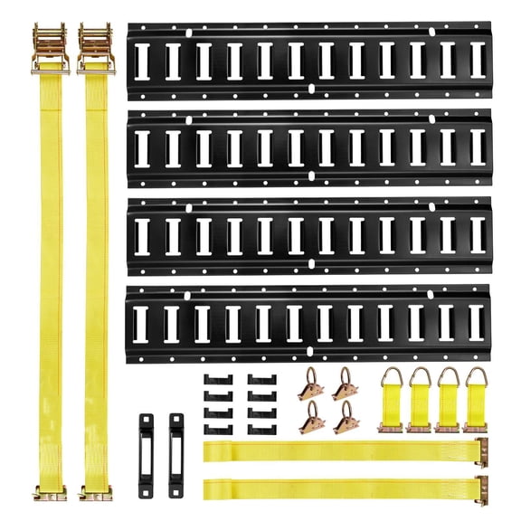 E Track Tie Down Rail Kit 4 Pack 2ft Rails 20 Pcs Includes 2 Ratchet Straps 4 O Rings 4 Tie Offs with D Ring 2 Single Slots 8 End Caps for Garages Vans Trailers